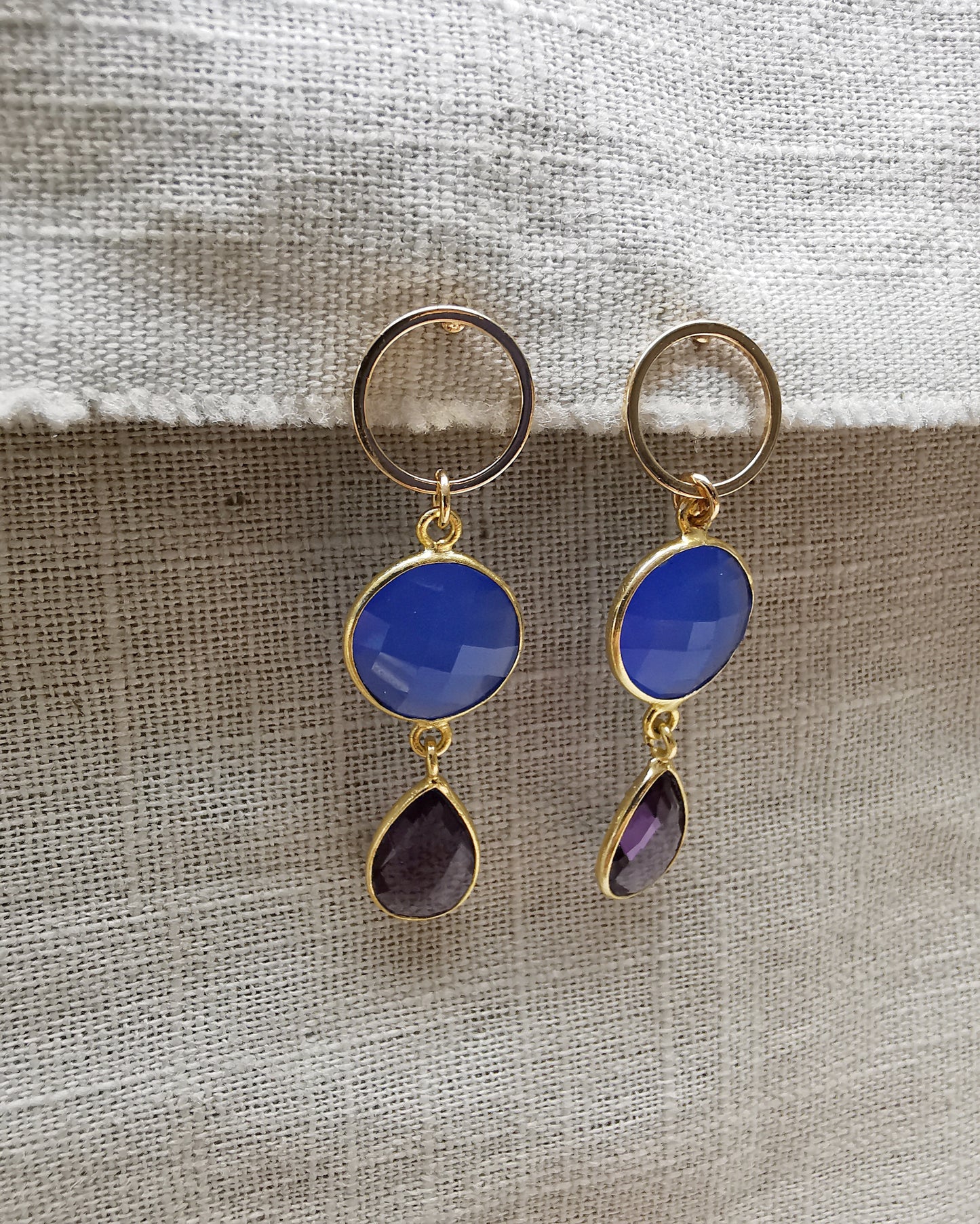 Blue Cobalt Chalcedony + Amethyst Stud Earrings